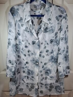 George Sheer Floral Button-Front Shirt in White and Gray